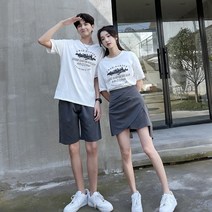 신혼여행 커플룩 허니문 원피스 커플티 휴양지 바캉스 시밀러룩 여름 기질 커플 드레스 짧은 치마 투피스 양복 외국 스타일 연령 감소 인쇄 반팔 티셔츠 패션 올 매치 슈트