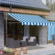 전동어닝 고정식 어닝 천막 자동 빗물막이 대형어닝 비가림막 접이식, 200x120cm, 블루화이트스트라이프차양+그레이스탠드