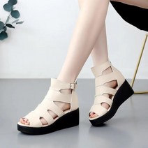 자칠 런슈즈 천연소가죽 스트랩 오픈토 봄 여름 부츠 앵클 통굽 샌들 6cm