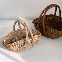 러브바스켓 라탄바구니 라틴 원형 손잡이 빵 피크닉 바구니, 브라운 XS