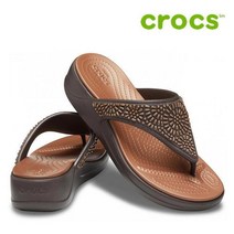 크록스 웨지 샌들 40- 206343-25M Womens Crocs Monterey Diamante Wedge Flip Espresso Bronze