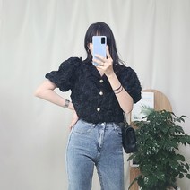 프롬하트 진주단추 장미플라워 블라우스 꽃블라우스 퍼프블라우스