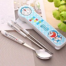 만화 고양이 스테인리스 여행 숟가락 포크 세 조각 휴대용 식기 세트 초등 학교 학생, 하나, 도라에몽 투피스 세트