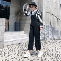 멜빵 팬츠 추동 한판 직통 멜빵 바지 하이웨이스트 스트레이트 루즈핏 감령 날씬한 청바지 여자