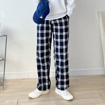 남자 240g 가벼운 타탄 체크 무늬 바지 밴딩 와이드 팬츠 2컬러