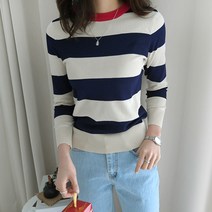 데일리앤 셀렉 여자 크롭 배색 스트라이프 단가라 간절기 니트