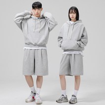 [셋업] 그랜피니 남여공용 프리미엄 특양면 베이직 무지 스웻 오버핏 테리 후드+ 윈턱 밴딩 벌룬 버뮤다 트레이닝 반바지 상하의 세트
