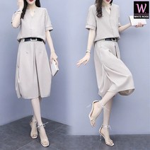 WHITE NOISE 2022 여름 여성 패션 반팔 와이드 팬츠 캐주얼 린넨 투피스