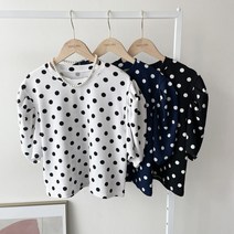 여성 도트 땡땡이 셔링 퍼프 루즈핏 블라우스 반팔 티 4컬러
