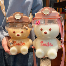 곰돌이 텀블러 1리터 대용량 빨대 스트랩 리유저블 벤티, 1L, 브라운