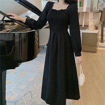 보헤미안 원피스 햅번 무드 프렌치 클래식 허리보정 소흑 슬림핏 긴 소매 드롭 드레이프 여성 2863922179, 블랙, XL