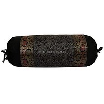 Stylo Culture Indian Polydupion Cylindrical Tubular Bolster Pillow Cover Black Jacquard Brocade Bord, 1