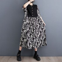 여성 빅사이즈 오버핏 여름 블랙 프린트 반탈 원피스 투톤 시원한 마담 엄마 스커트