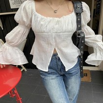 어썸클로젯 로이츠 바스트셔링 프론트 절개 프릴 커프스 블라우스