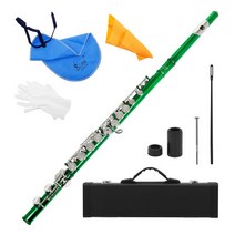 플루트 서양 콘서트 도금 16 홀 키 목관 악기 앰프 청소용 천 스틱 장갑 미니 케이스, 초록