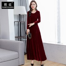 Makone여성 롱 원피스골든 벨벳 가을 겨울 빅사이즈 날씬해 보이는 여 원피스
