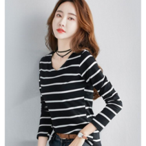 데이홀릭 여성용 봄 가을 데일리 브이넥 스트라이프 긴팔 티셔츠