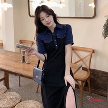 리앤킴 여성 여름 빅사이즈 데님패치 롱 원피스 GH892