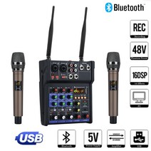 컴퓨터 녹음을 위한 블루투스 usb 미니 dj 믹서와 무선 마이크 사운드 믹싱이 있는 4 채널 오디오 믹서 콘솔, 블랙 마이크