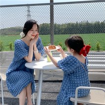 엄마 딸 커플 드레스 V넥 퍼프 슬리브 드레스 와플 스커트 모녀 드레스 프랑스 하이엔드 휴양지커플룩