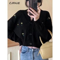 플라워자수 가디건 플라워무늬 자수 봄코디 일본 스타일 여성 스웨터 숏 플라워 귀여운 브이넥 그린 겨울