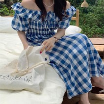 오프숄더 체크패턴 원피스 소매밴딩 가슴 스모크밴딩