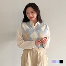 쉐얼유 여성 레인 아가일 크롭 니트 조끼 베스트