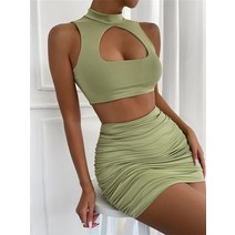 미니멈 원피스 투피스형원피스 하객 상견례 여성 투피스 스커트 정장 여름 솔리드 매칭 세트 민소매 중공 크롭 탱크 탑 주름 미니 스커트