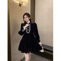 차이나카라원피스 페블럼라인 패치워크 벨벳 여성 겨울 가을 햅번 무드 소흑 허리보정 A라인 짧은 4986953198