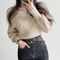 잇진 여성 포그니 스퀘어넥 꽈배기 니트