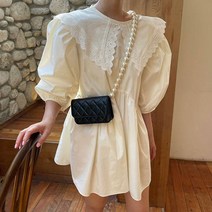 WPUY 부드러운 크림 노랗고 뾰족한 칼라 레이스 후크 셔링 디자인 초롱 소매 작은 키 원피스녀
