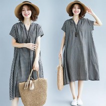 tagi 여성 체크 면마 원피스 빅사이즈 브이넥 린넨 반팔 스커트 여름