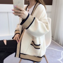 퓨어디아 배색 니트 집업 여성 봄 가디건