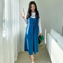 디작소 여성 봄 버튼 스트랩 나시 데님 롱 원피스