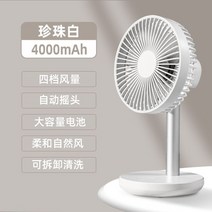 무소음 탁상용 회전 선풍기 침대용 화장대 게이밍 책상 식물 발풍기 캠핑 무선, 펄 화이트 4단조절 4000밀리암페어, 화이트_자동스윙+4단조절+8000mAh