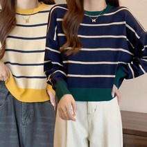 귀여운 여성 패션 캐주얼 데이트 데일리 단가라 크롭 줄무늬 라운드 니트 티셔츠