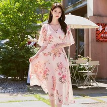 시크라인 플라워 패턴 날개소매 서플리스넥 쉬폰 롱 원피스