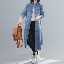 도오빠 캐비진 여성 롱 데님 셔츠 남방 긴팔 차이나카라 포켓 무지 원피스 청자켓 여자셔츠 여자청남방 프리사이즈 의류