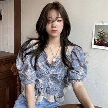 카디건 버전 chic 복고 궁중풍 날씬해 보이는 네모난 칼라 조인트 레이스 주름 나무 귓가 꽃무늬 물방울 셔츠