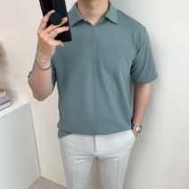 남자 오픈카라 반팔 여름 세미오버핏 브이 옆트임 분또 헨리넥 면 티셔츠