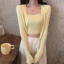 마쿠쿠 크롭 골지 나시 슬림 여성 니트 가디건 투피스 세트