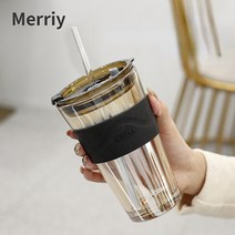 Merriy 투명유리컵ins 스타일+컵뚜껑+빨대+보호커버, 한 개, 클리어 골드