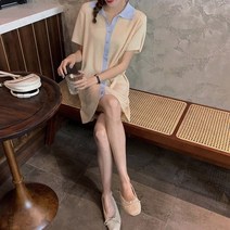 오슈 여름 골지 배색 캔퍼스룩 바캉스 반팔 미니원피스