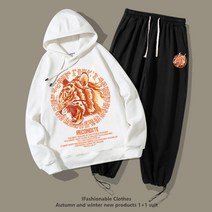 M-3XL 한국 남성 패션 캐주얼 심플 타이거 헤드 패턴 편안한 스포츠 스타일 후드 스웨터 + 바지 정장FZ9046