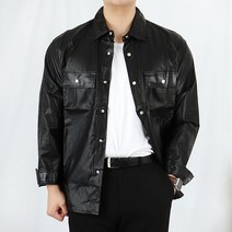남자 더블 포켓 레더 가죽 머슬핏 긴팔 락시크 셔츠