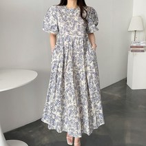 여성 꽃 플라워 패턴 나염 라운드넥 반팔 퍼프 롱 원피스