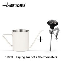 MHW3BOMBER 스테인리스 스틸 구즈넥 티 포트 커피 주전자 온도계 세트 홈 바리스타 양조 액세서리 350ml, 화이트 세트