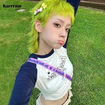 서울빈티지샵 일본패션 Karrram-Y2k 미학 크롭 탑 그런지 패치 워크 긴 소매 티셔츠 2000 년대 하라주쿠 E-걸 페어리 코어 카와이 상의 00s