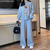 JUSTFEELING 여성 긴팔 캐릭터 프린팅 후드 맨투맨 스트레이트핏 롱바지 투피스 트레이닝복 세트