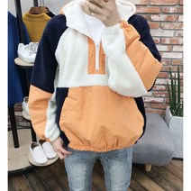 양털 배색 덤블 남자 오버핏 후드티